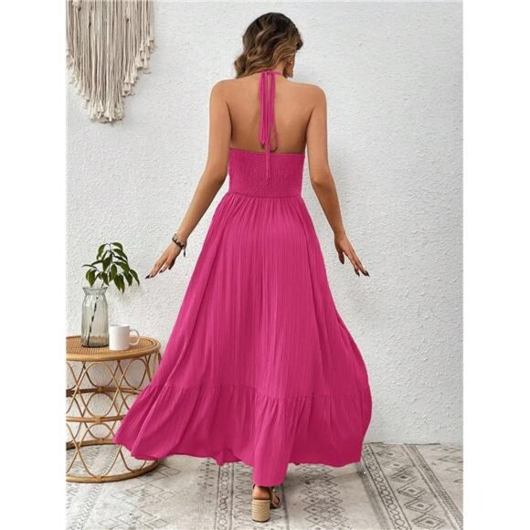 NEW - ‎ Women's Vacation Solid Color Pink  Ruched Waist Backless Halter Dress - Picture 2 of 5